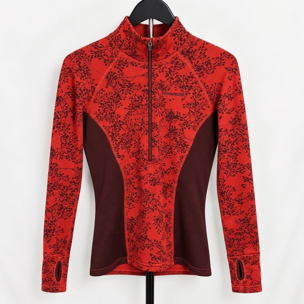 Patagonia Women R1 Fleece Pullover Red Floral 1/2 Zip Thumbholes M Base Layer